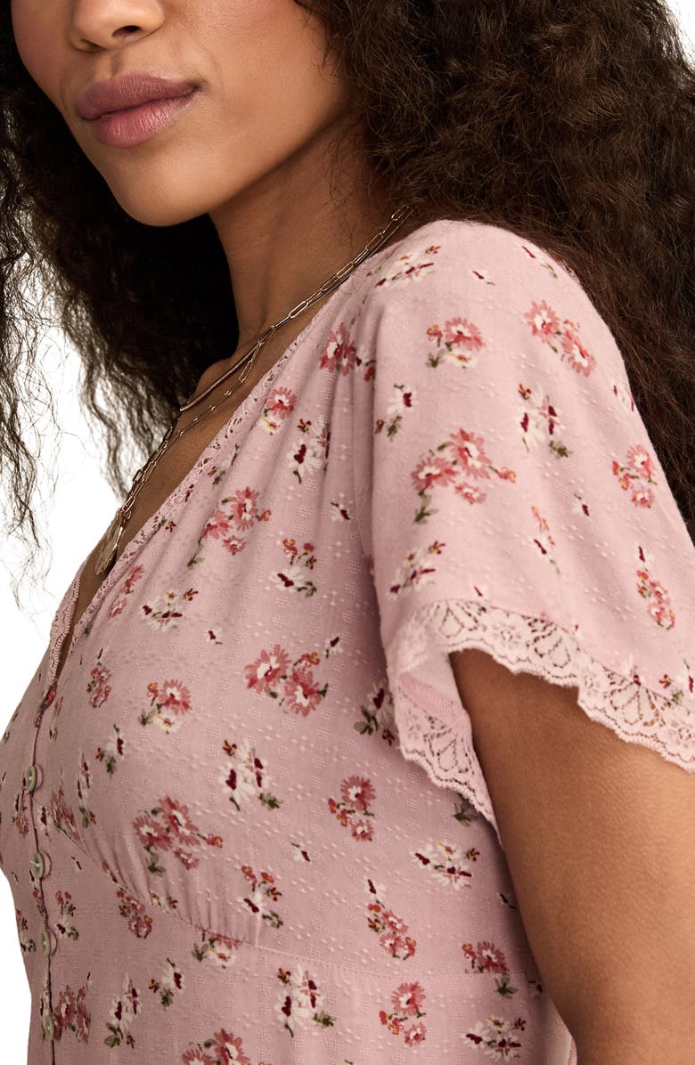 Lucky Brand Simone Floral Lace Trim Midi Dress, Alternate, color, Mauve Floral