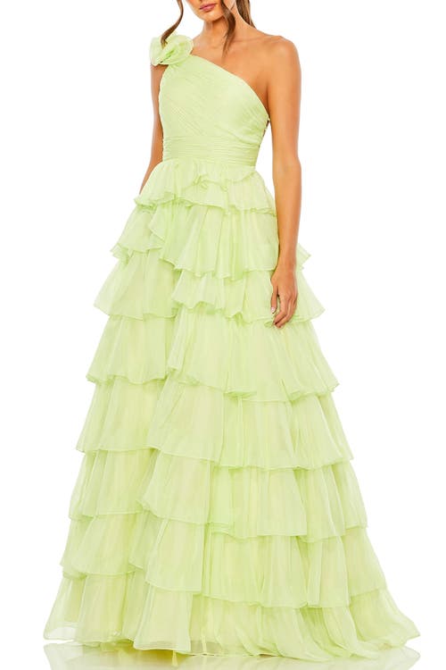 Mac Duggal One Shoulder Ruffle Tiered Ballgown In Pistachio