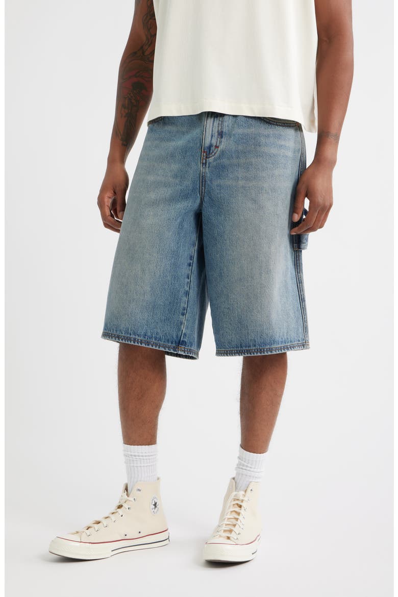 E Logo Oversize Denim Carpenter Shorts, Main, color, PALE INDIGO