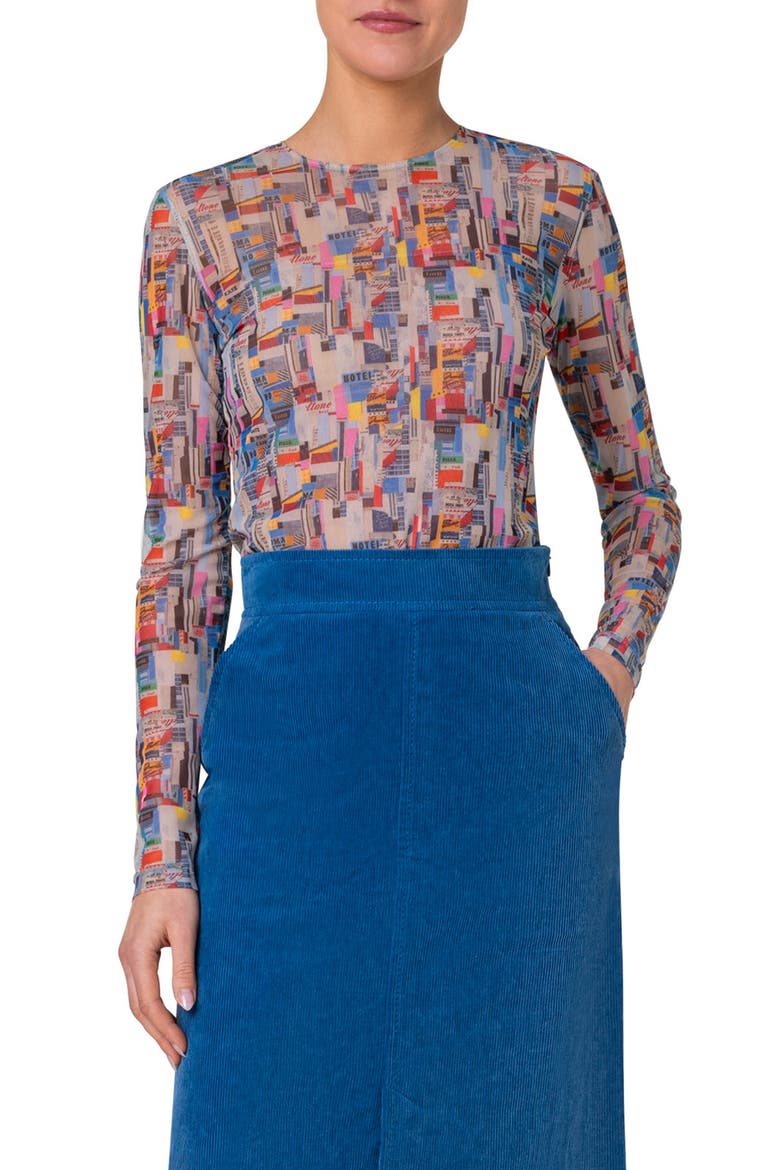 NYC Paper Collage Print Stretch Tulle Top, Main, color, MULTICOLOR