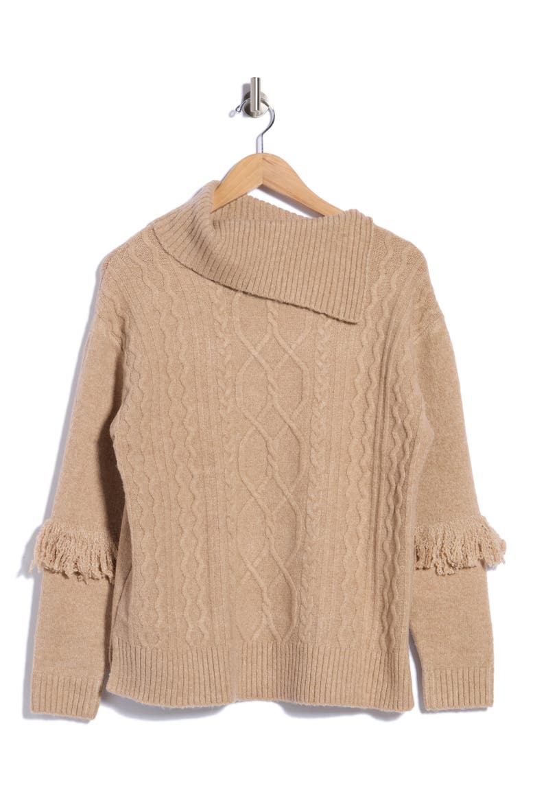 Fringe Cable Knit Sweater, Main, color, CAMEL HTHR