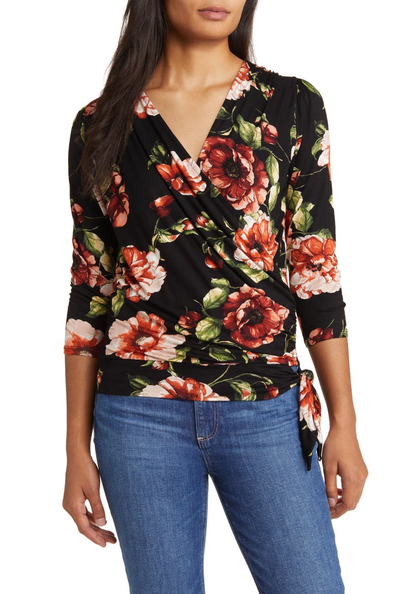 Faux Tie Wrap Top, Main, color, BLACK/ RUST