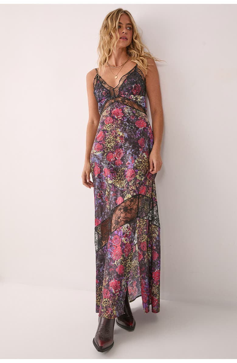 NASTY GAL Satin Lace Maxi Slip Dress, Main, color, Animal