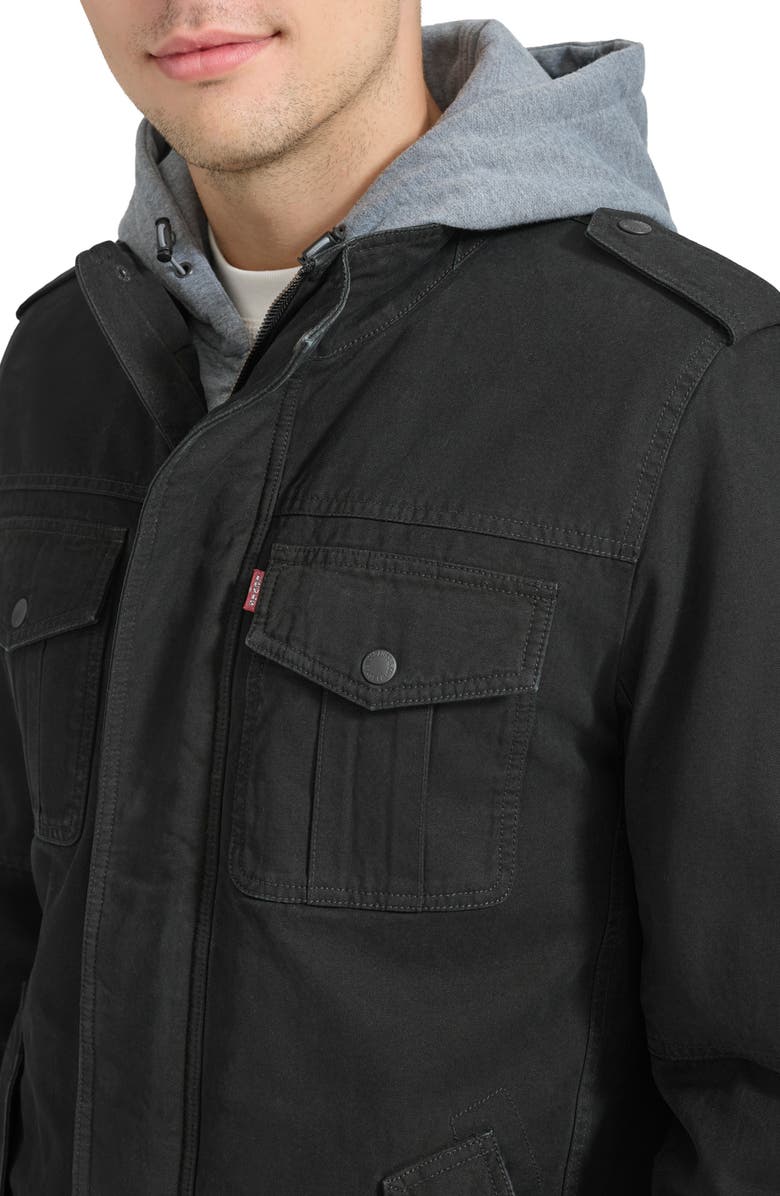 Levi's<sup>®</sup> Washed Cotton Faux Shearling Lined Hooded Military Jacket, Alternate, color, Black
