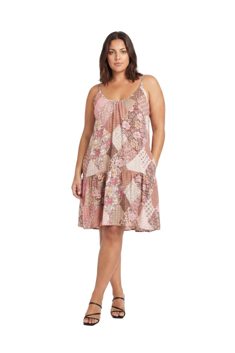 Curvy Essential Patchwork Print Scoop Neck Spaghetti Strap Pocket A-Line Mini Dress, Main, color, Pink Multi