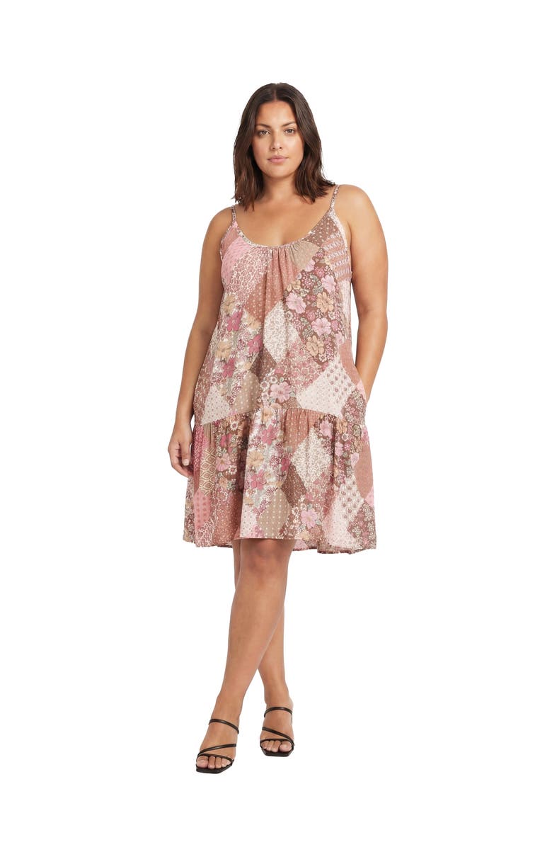 24seven Comfort Apparel Curvy Essential Patchwork Print Scoop Neck Spaghetti Strap Pocket A-Line Mini Dress, Main, color, Pink Multi