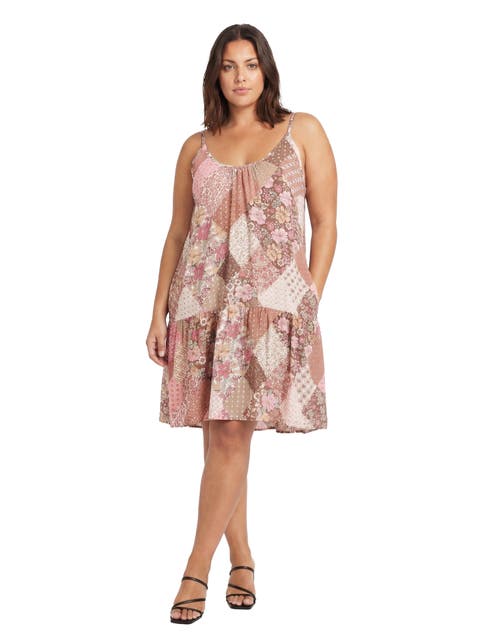 Curvy Essential Patchwork Print Scoop Neck Spaghetti Strap Pocket A-Line Mini Dress