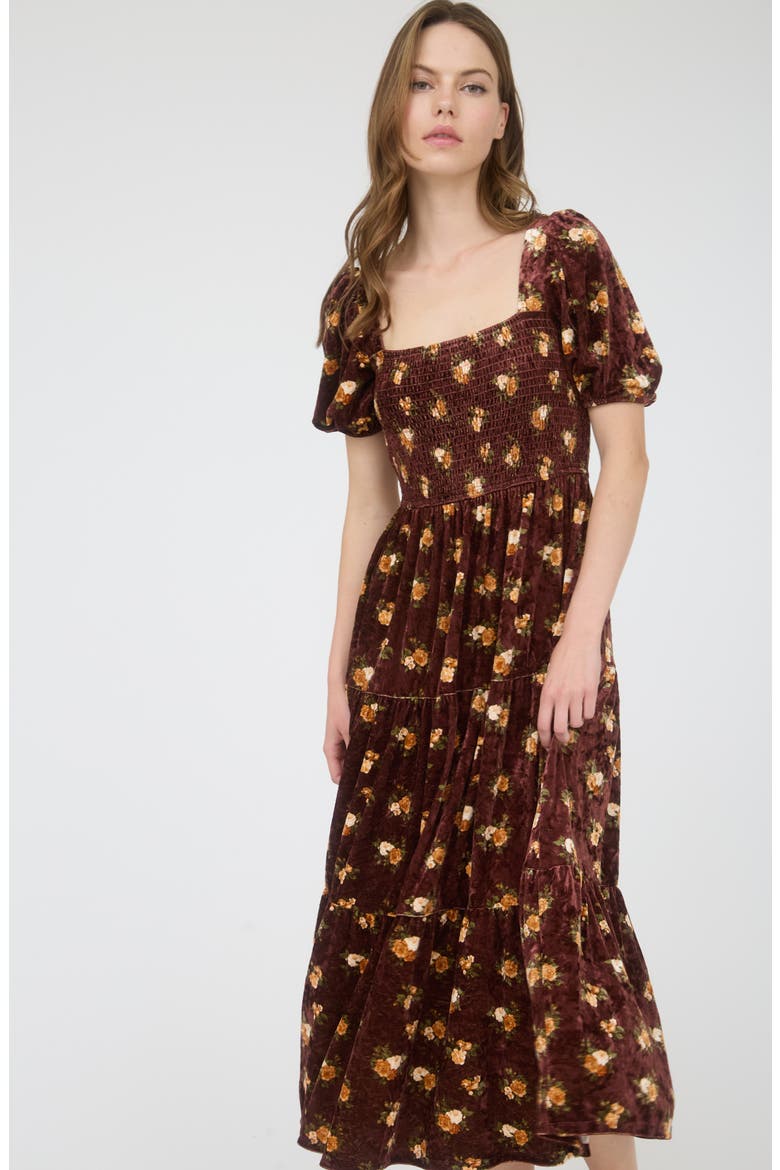 Puff Sleeve Midi Dress, Alternate, color, BURGUNDY MULTI