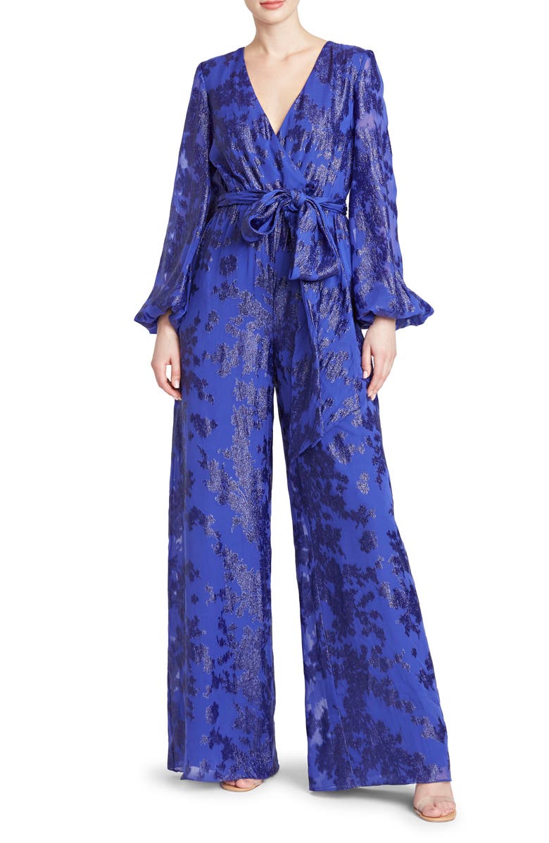 ML Monique Lhuillier Metallic Jacquard Long Sleeve Silk Blend Jumpsuit, Main, color, 