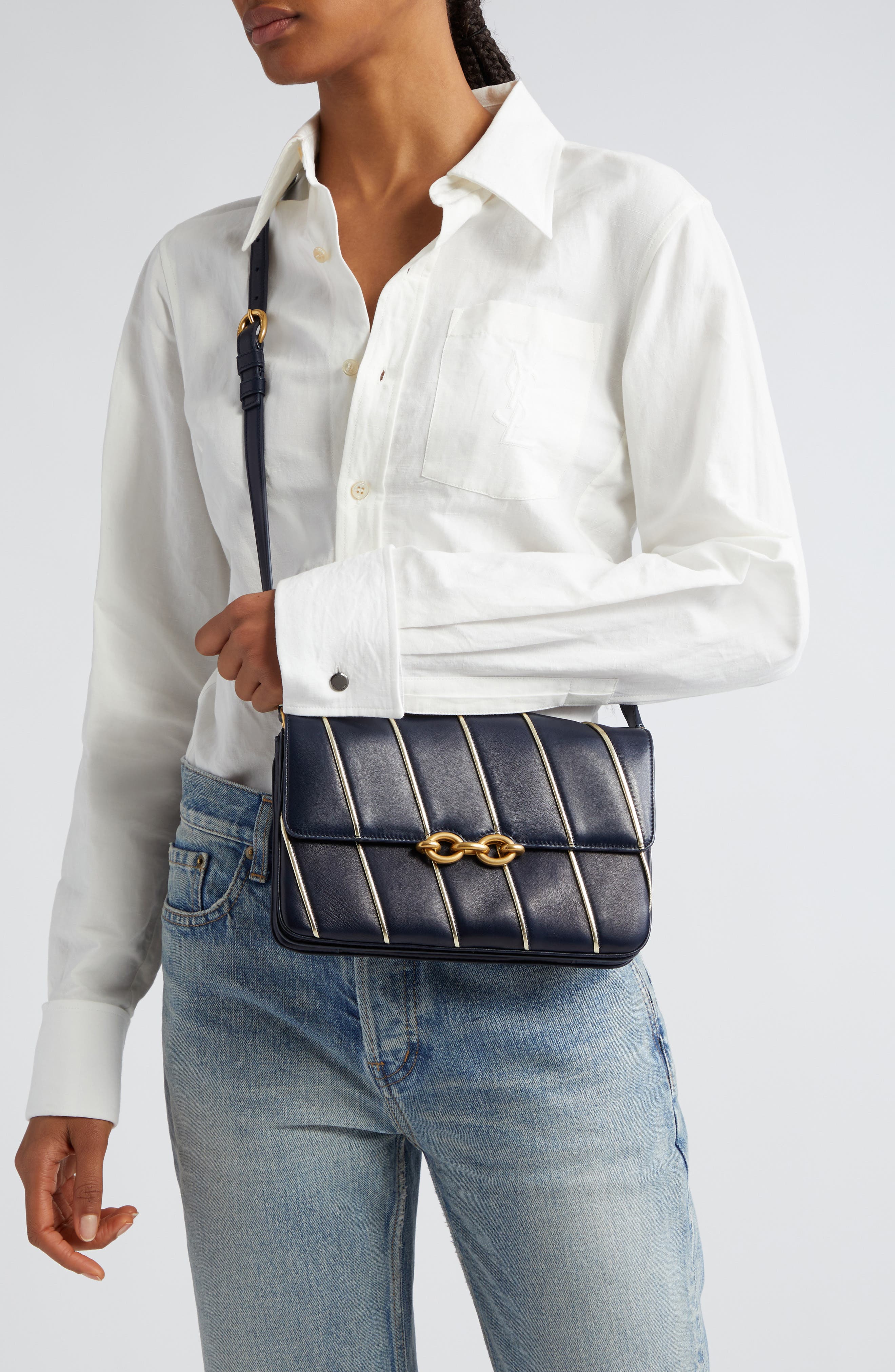 Saint Laurent Le Maillon Quilted Leather Shoulder Bag, Alternate, color, Marine/ Marine/ Argent