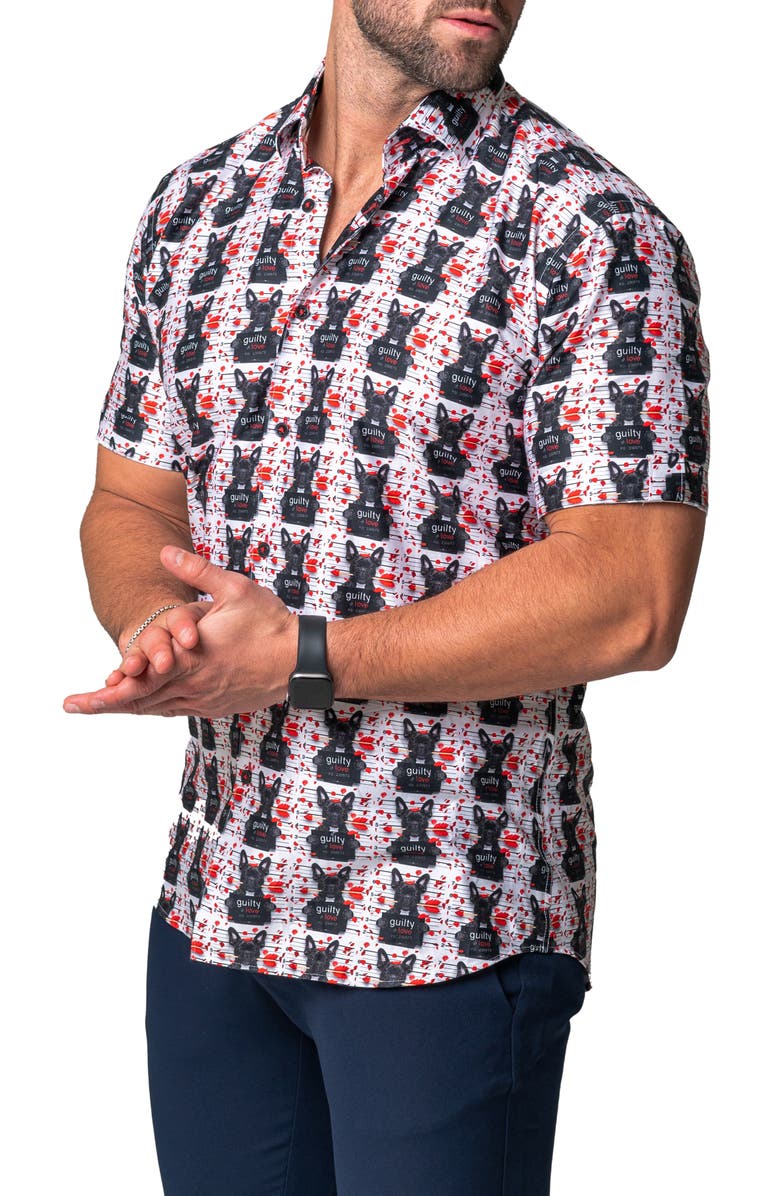 Maceoo Galileo Guilty Dog Regular Fit Short Sleeve Button-Up Shirt, Alternate, color, White