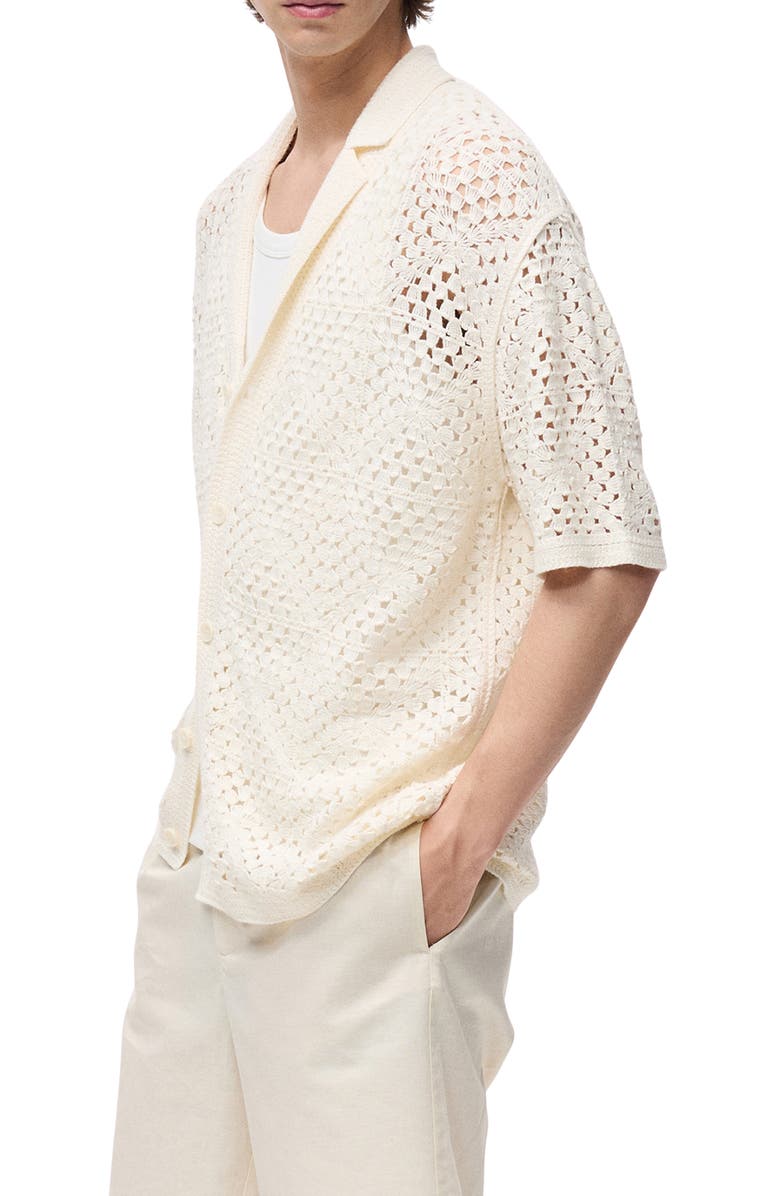 MANGO Cotton Blend Crochet Camp Shirt, Alternate, color, Ivory White