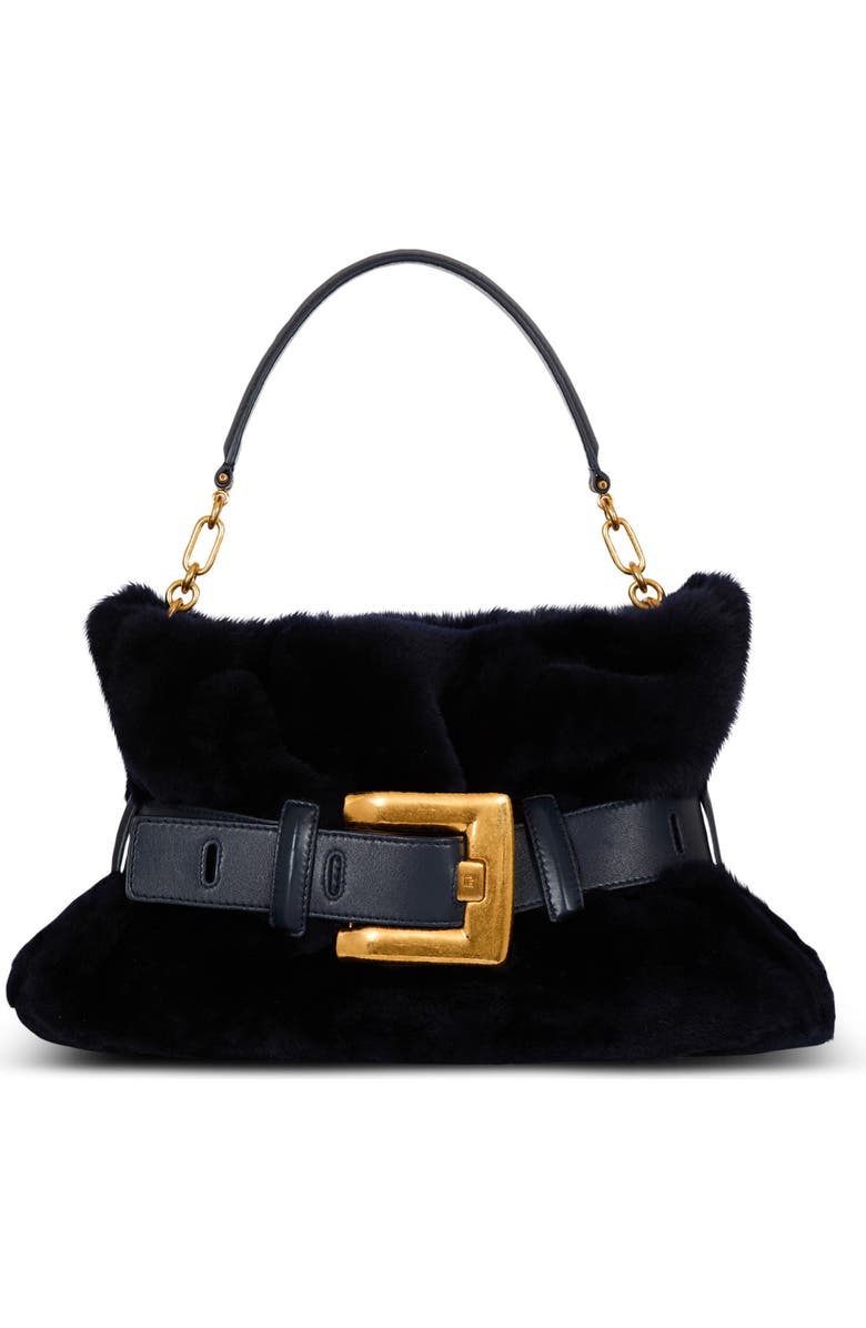 Balmain Medium Anthem Bag In Shearling, Main, color, Navy
