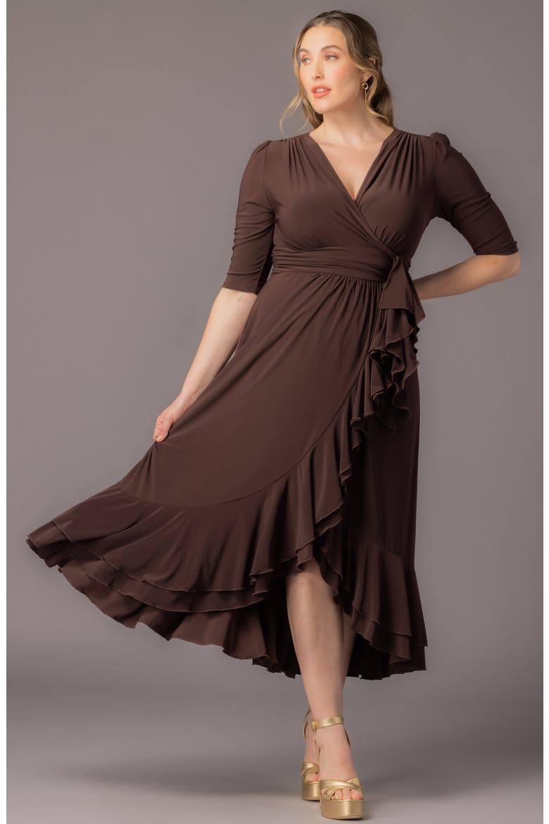 Veronica Ruffled High-Low Evening Gown, Alternate, color, CHOCOLATE
