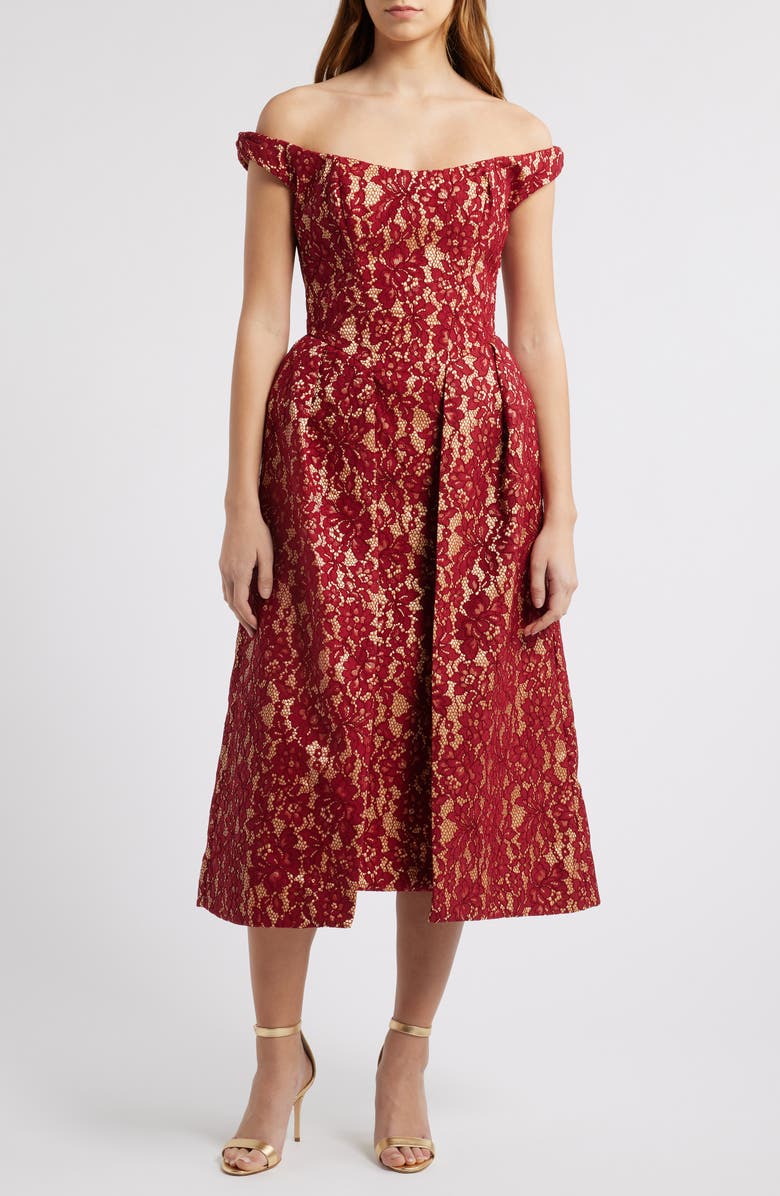 HOUSE OF CB Charming Off the Shoulder Cocktail Dress, Alternate, color, Rhubarb And Gold