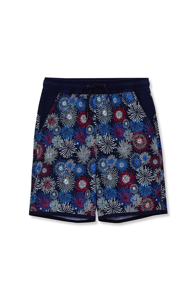 Lands' End Boys Slim Chlorine Resistant Stretch Hydroliner Sport Swim Trunks, Main, color, Red/White/Blue Fireworks