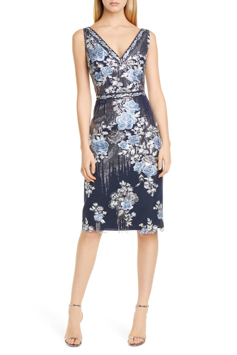 Sequin Floral Embroidered Tulle Cocktail Dress, Main, color, NAVY