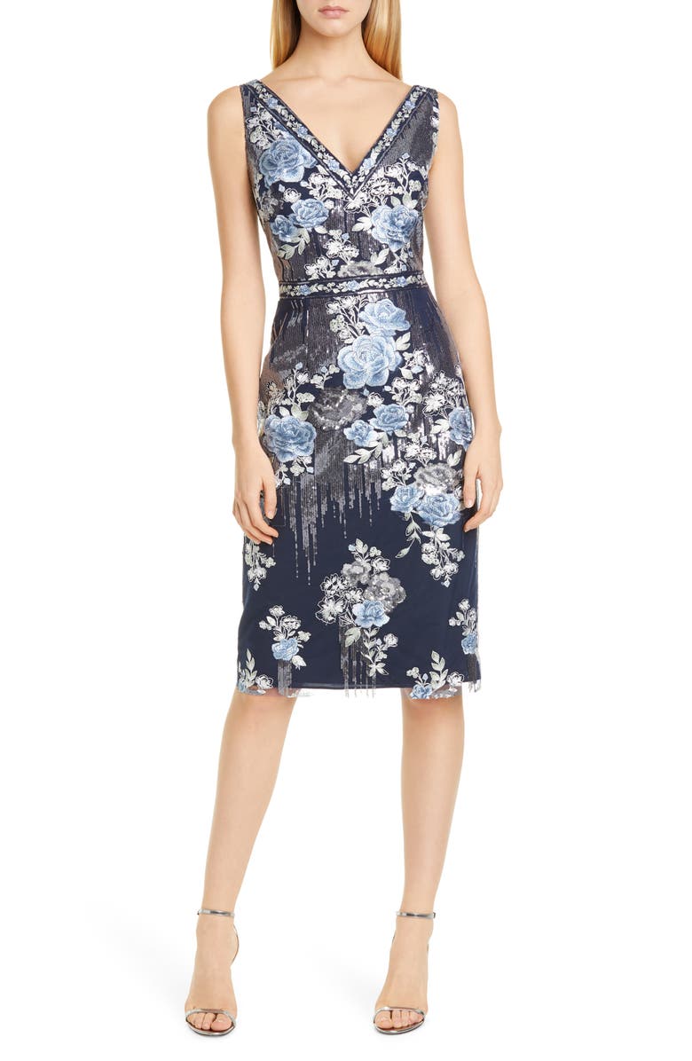 Marchesa Notte Sequin Floral Embroidered Tulle Cocktail Dress, Main, color, 