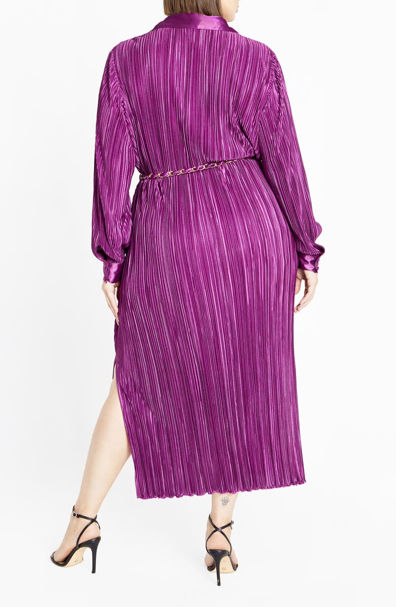 City Chic Andi Long Sleeve Plissé Maxi Shirtdress, Alternate, color, Magenta