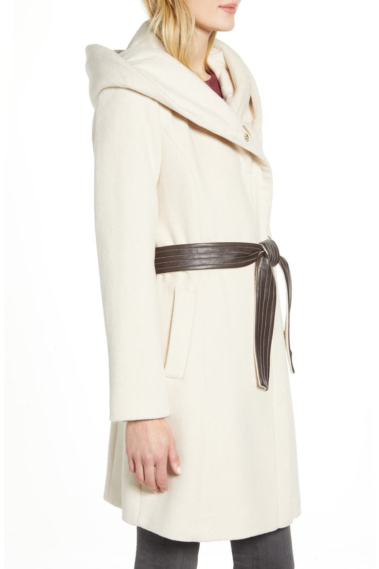 Cole Haan Belted Asymmetrical Wool Coat, Alternate, color, STONE