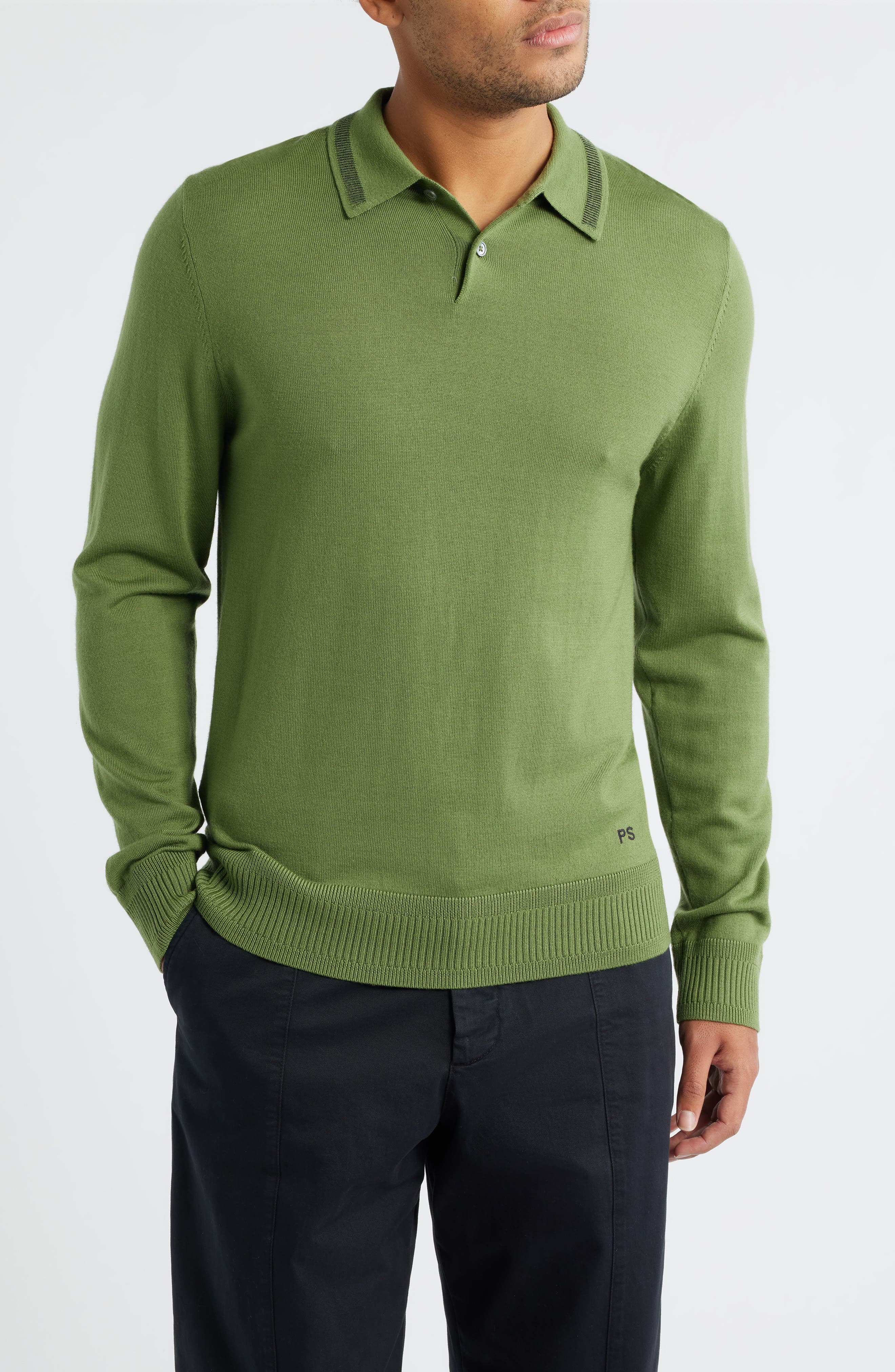 Long Sleeve Tipped Wool Polo Sweater - image 3