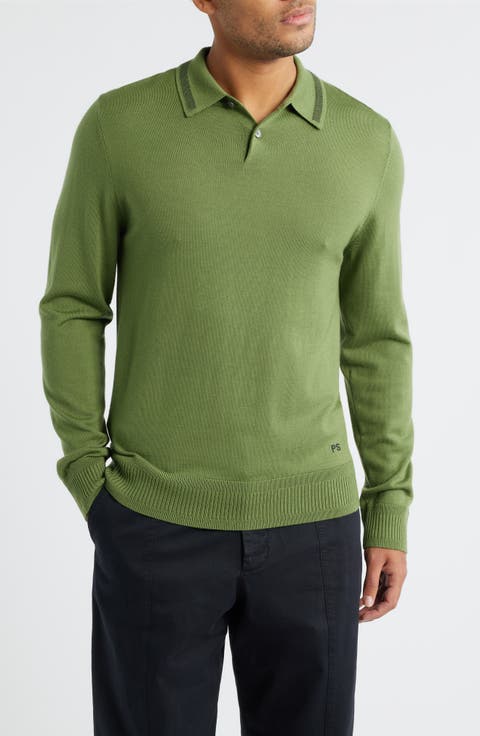 Long Sleeve Tipped Wool Polo Sweater