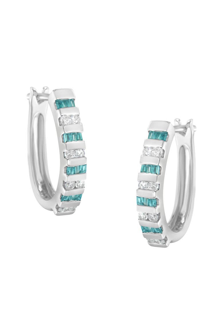 10k White Gold Round and Blue Baguette 1/2 Ct Diamond Hoop Earrings, Main, color, White