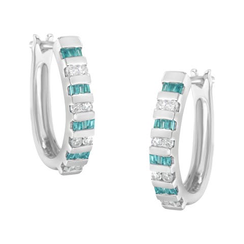 10k White Gold Round and Blue Baguette 1/2 Ct Diamond Hoop Earrings
