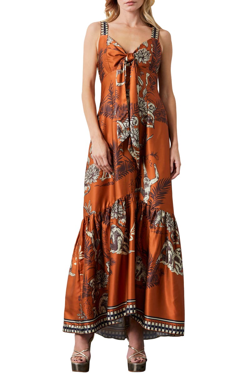 CIEBON Kira Print Front Tie Satin Maxi Dress, Main, color,