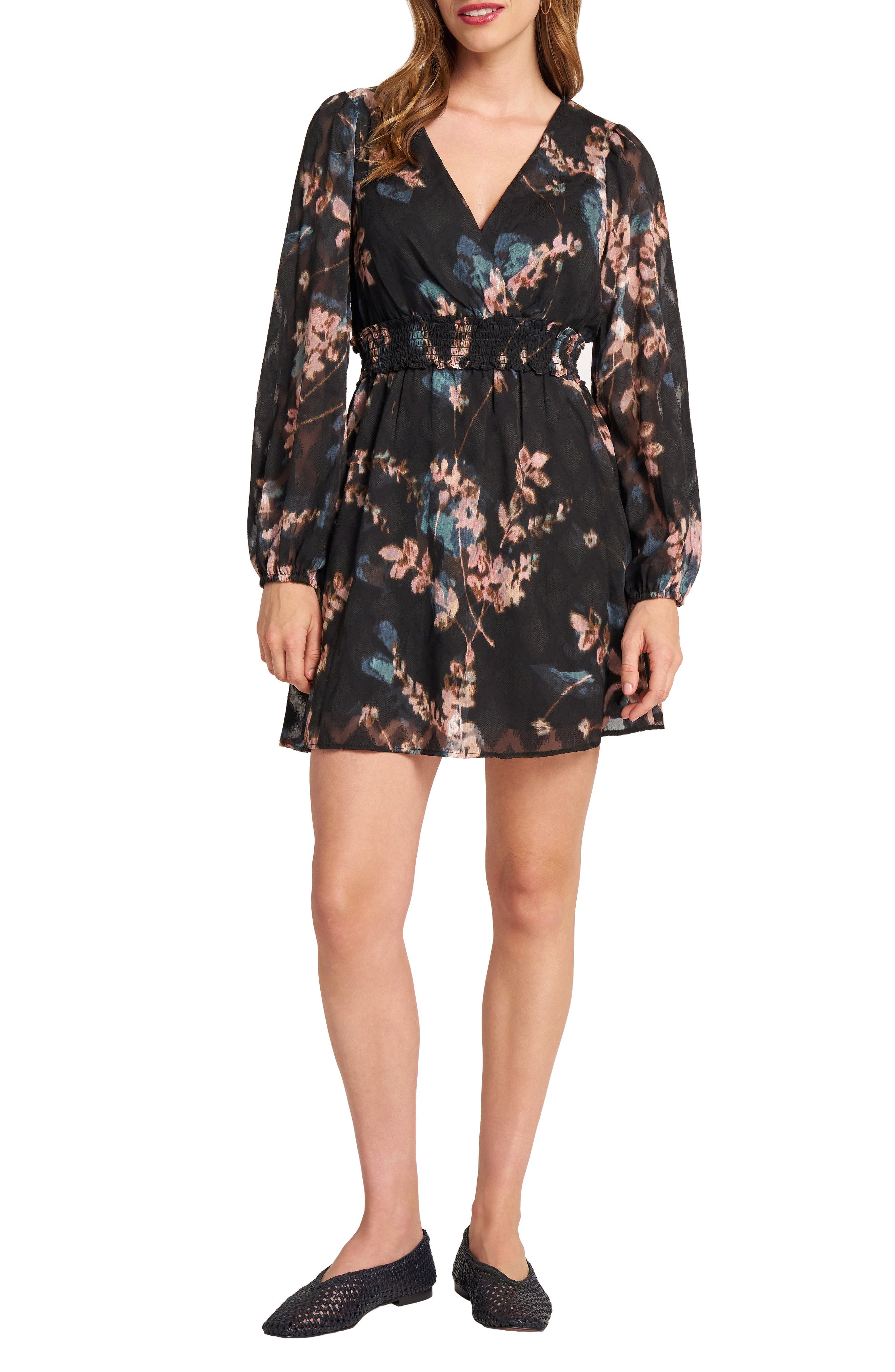 matty m. Long Sleeve Smocked Jacquard Dress
