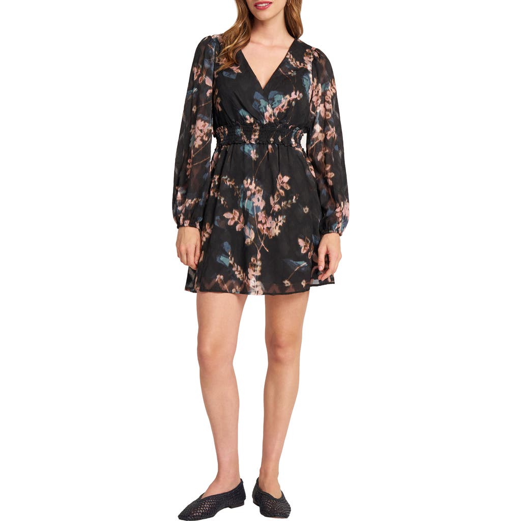 Matty M . Long Sleeve Smocked Jacquard Dress In Black