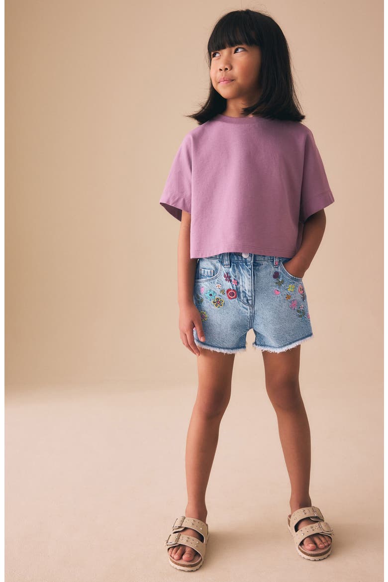 Kids' Embroidered Floral Denim Shorts, Alternate, color, BLUE