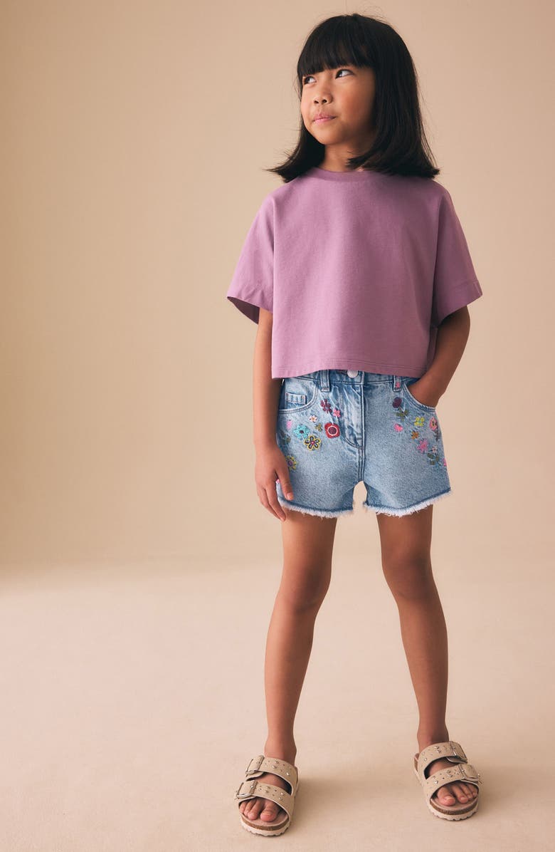 NEXT Kids' Embroidered Floral Denim Shorts, Alternate, color, Blue