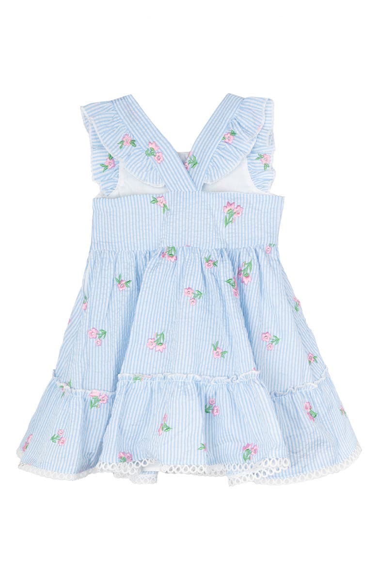 Rare Editions Floral Embroidered Stripe Dress, Bloomers & Headband Set, Alternate, color, Blue