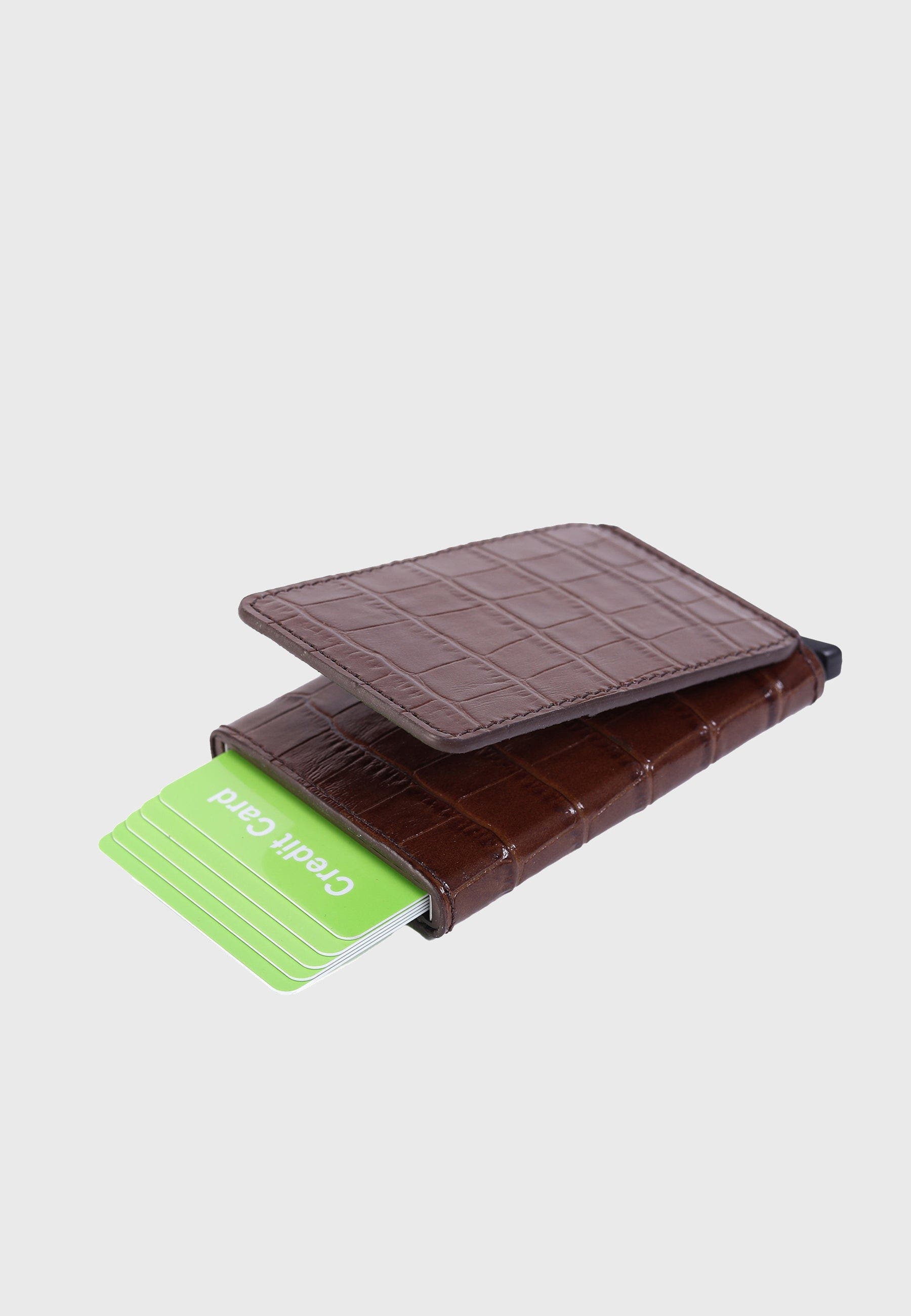Furniq UK Genuine Leather Crocodile Pattern Card Holder, Alternate, color, Brown