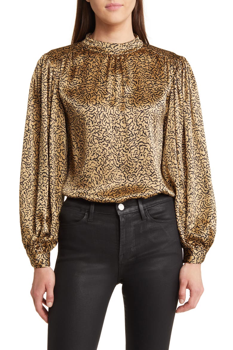 Abstract Print Balloon Sleeve Silk Top, Main, color, BEIGE MULTI
