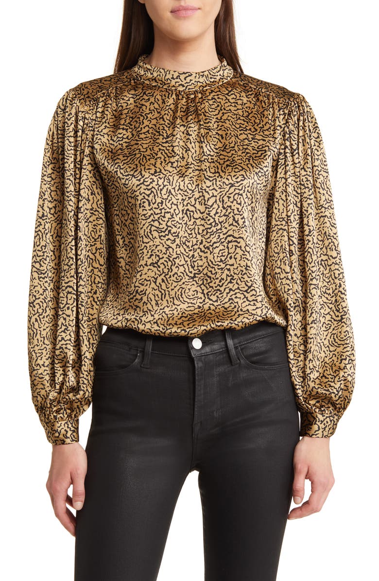 FRAME Abstract Print Balloon Sleeve Silk Top, Main, color,