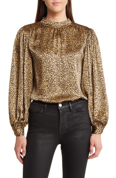 Abstract Print Balloon Sleeve Silk Top