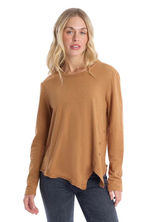 Long Sleeve Tee With Asymmetrical Hem & Button Detail