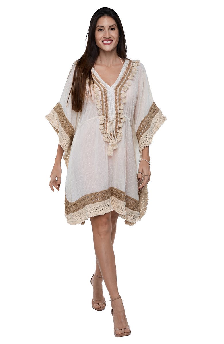 RANEES Tassel Trim Cotton Dobby Caftan, Alternate, color, Ivory