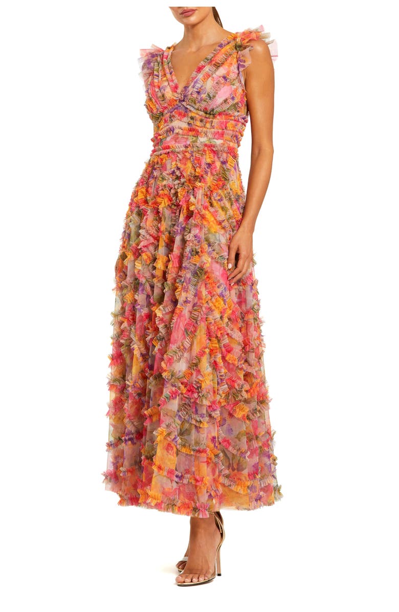 Mac Duggal Petite Multi Floral V-Neck Tiered Ruffle Chiffon Maxi Dress, Main, color, 