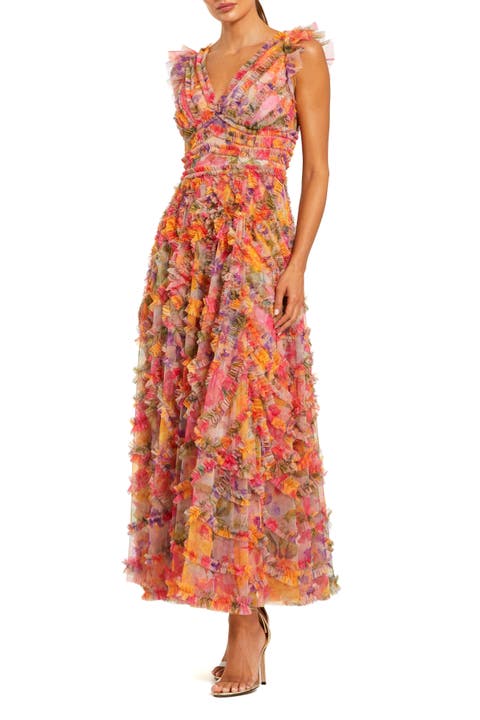 Petite Multi Floral V-Neck Tiered Ruffle Chiffon Maxi Dress
