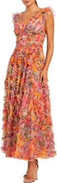 Mac Duggal Petite Multi Floral V-Neck Tiered Ruffle Chiffon Maxi Dress
