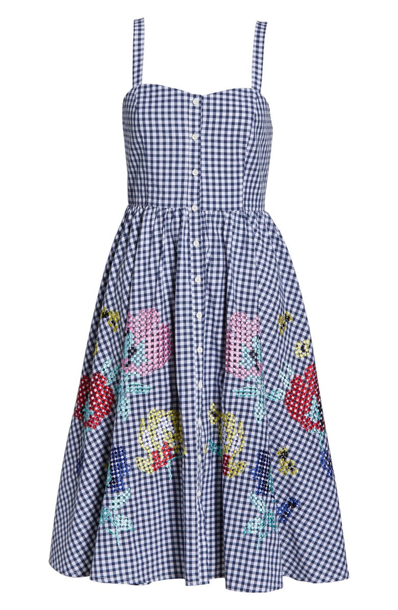 French Connection Embroidered Gingham Fit & Flare Sundress, Alternate, color, 