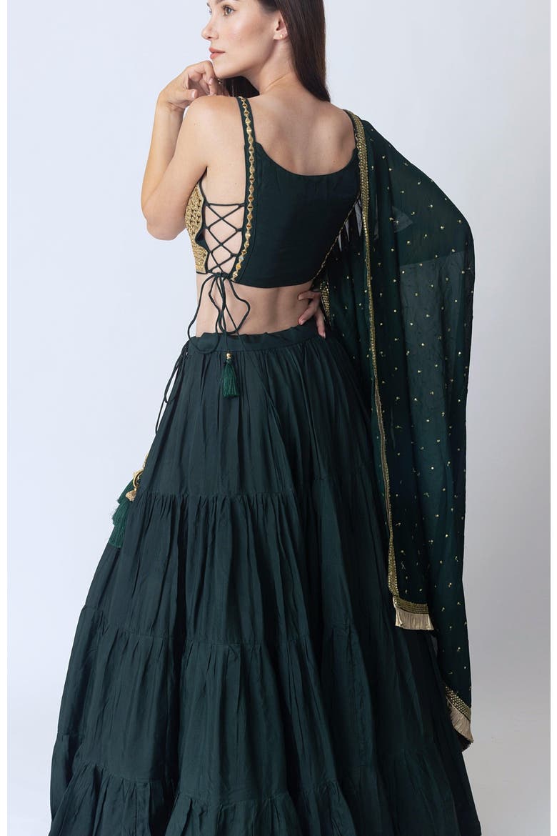 Camila Mirror Embroidered Tiered Lehenga Choli, Alternate, color, Green & Gold