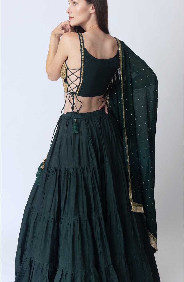 RAAS Camila Mirror Embroidered Tiered Lehenga Choli, Alternate, color, Green & Gold