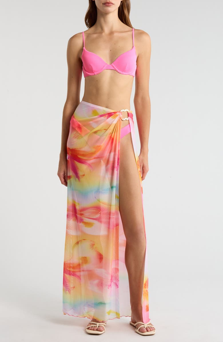 Kulani Kinis Sheer Mesh Cover-Up Maxi Skirt, Main, color, Frangipani Swirl