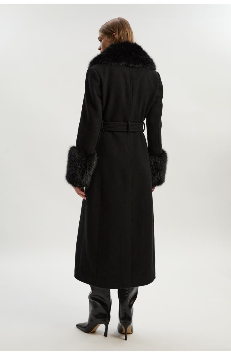 Karen Millen Wool Detachable Fur Belted Midi Coat, Alternate, color, Black