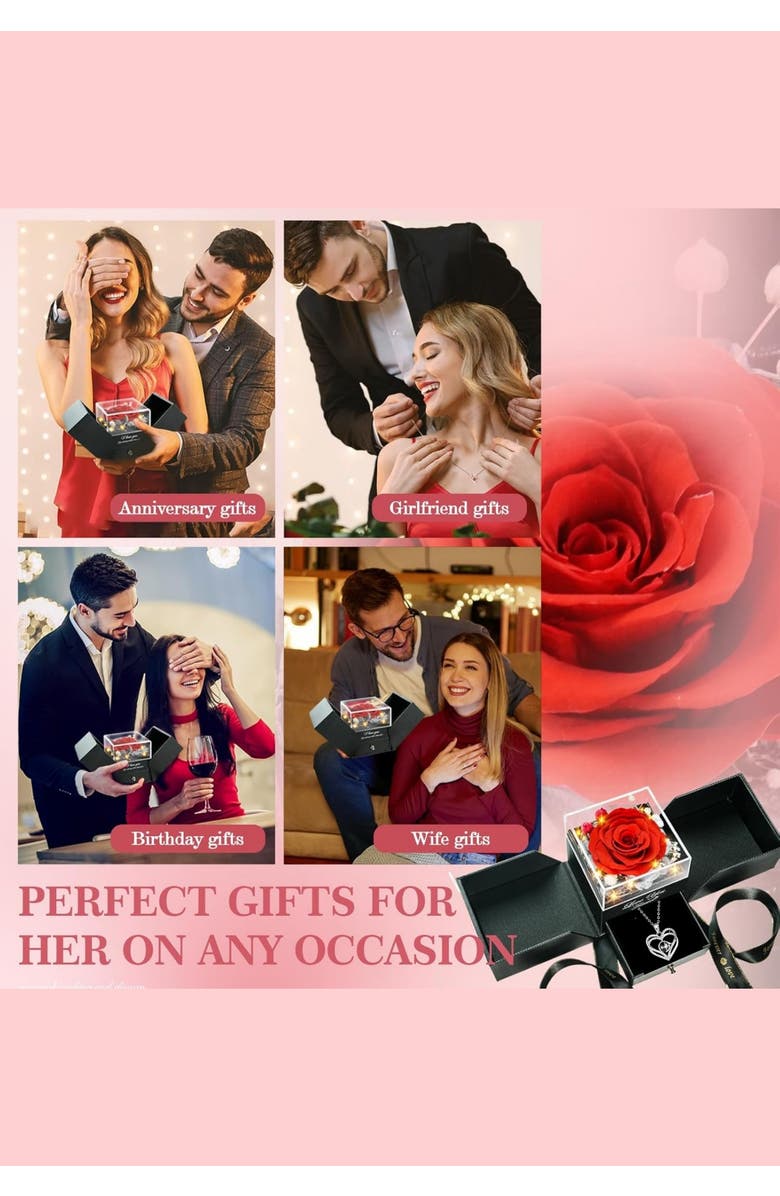 Lovery Preserved Red Rose with LED Lights & Double Heart Necklace - "I Love You" in 100 Languages, Alternate, color, Black, Red