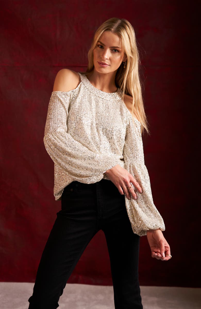 CeCe Sequin Cold Shoulder Top, Alternate, color, Champagne